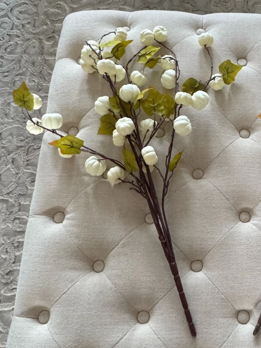 Set of Artificial White Pumpkin 🎃 Blossom Spray Set with Green Leaves -
